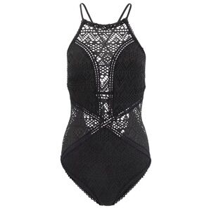 NWT Adore Me Woven Eyelet One-Piece Bathing or Body Suit Open Back, Black, Small